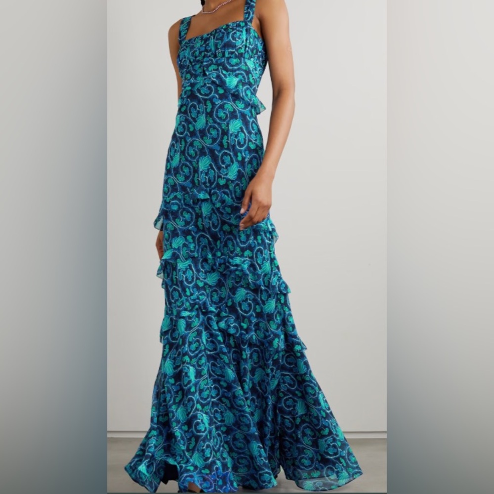SALONI Chandra floral print silk maxi dress size US 6 UK 10 in midnight blue